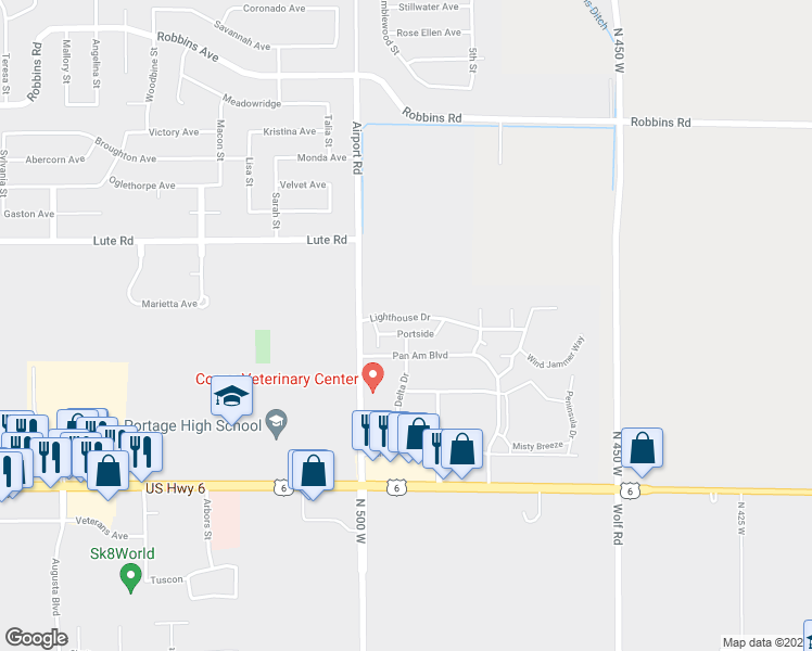 map of restaurants, bars, coffee shops, grocery stores, and more near 6510 Lighthouse Drive in Portage