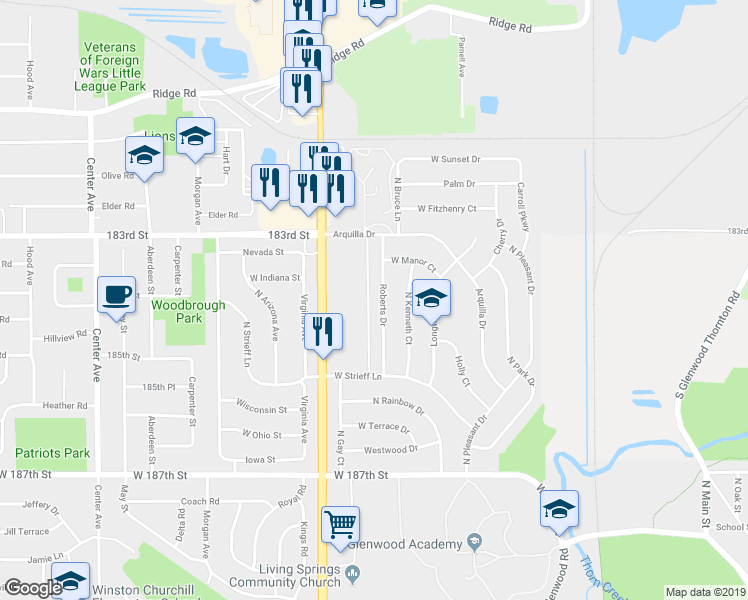 map of restaurants, bars, coffee shops, grocery stores, and more near 18325 South Halsted Street in Glenwood