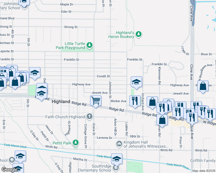 map of restaurants, bars, coffee shops, grocery stores, and more near 3435 Highway Avenue in Highland