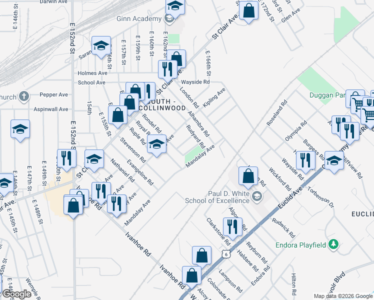 map of restaurants, bars, coffee shops, grocery stores, and more near 16313 Pomeroy Avenue in Cleveland