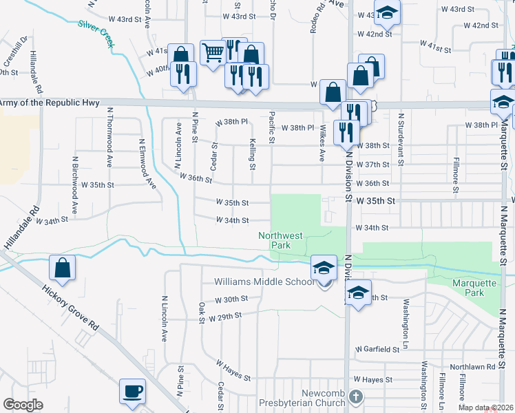map of restaurants, bars, coffee shops, grocery stores, and more near 2011 West 36th Street in Davenport