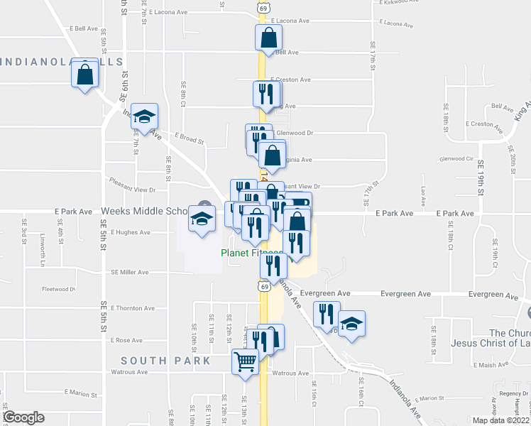 map of restaurants, bars, coffee shops, grocery stores, and more near SE 14th St & E Park Ave in Des Moines