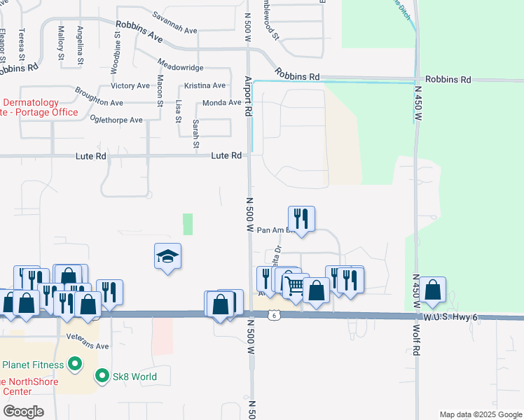 map of restaurants, bars, coffee shops, grocery stores, and more near 6510 Lighthouse Drive in Portage