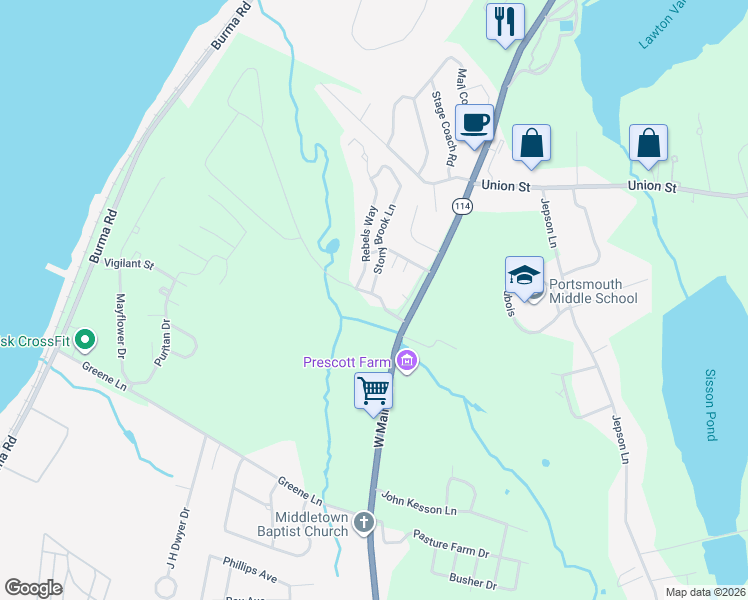 map of restaurants, bars, coffee shops, grocery stores, and more near 43 Freedom Trail Drive in Portsmouth