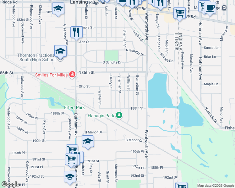 map of restaurants, bars, coffee shops, grocery stores, and more near 18657 Henry Street in Lansing