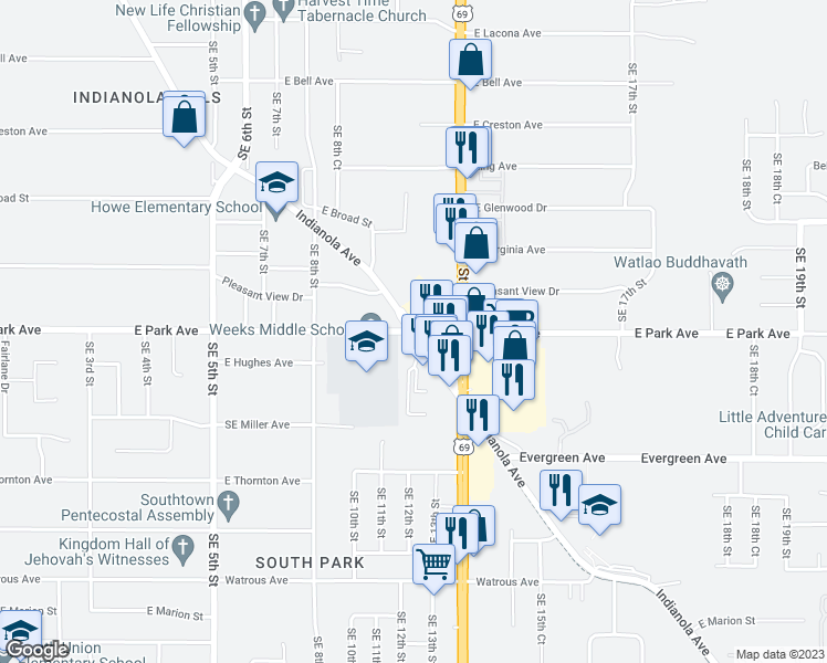 map of restaurants, bars, coffee shops, grocery stores, and more near Indianola Ave & E Park Ave in Des Moines