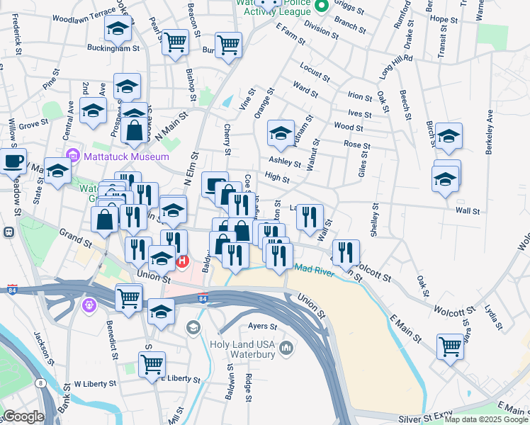 map of restaurants, bars, coffee shops, grocery stores, and more near 59 Walnut Street in Waterbury