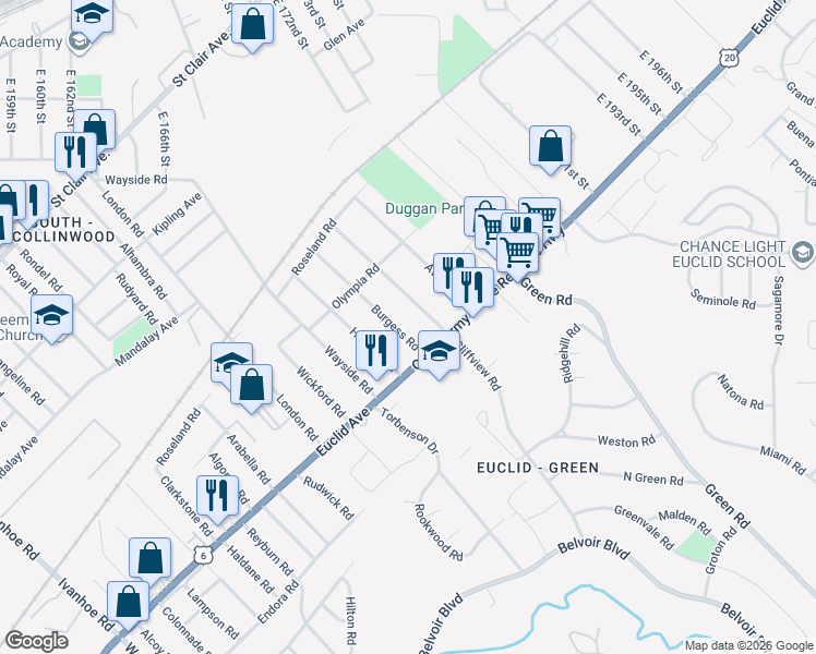 map of restaurants, bars, coffee shops, grocery stores, and more near 1737 Burgess Road in Cleveland