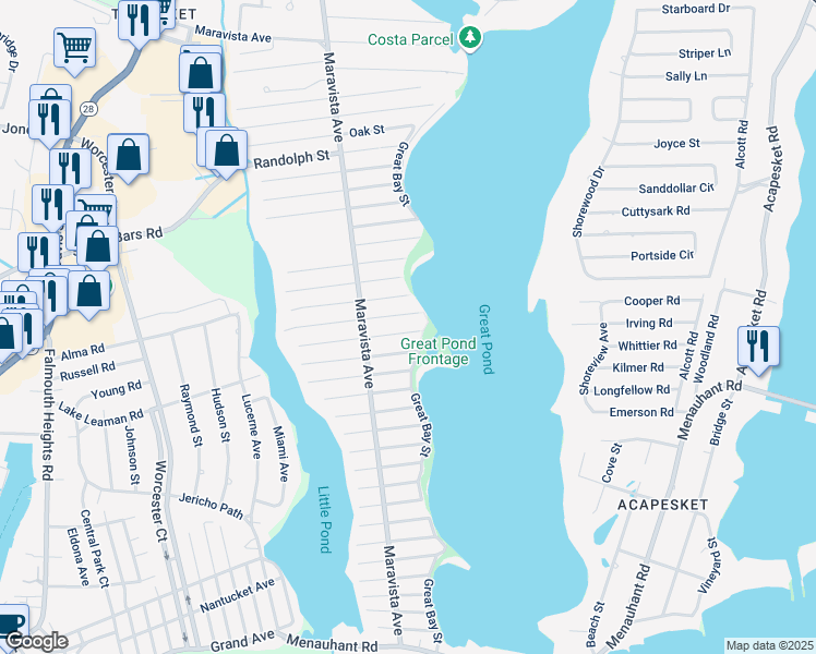 map of restaurants, bars, coffee shops, grocery stores, and more near 74 Reynolds Street in Falmouth