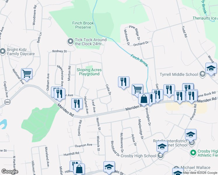 map of restaurants, bars, coffee shops, grocery stores, and more near 202 Celia Drive in Wolcott