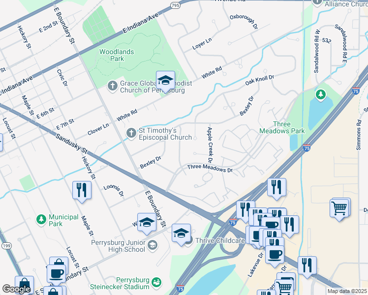 map of restaurants, bars, coffee shops, grocery stores, and more near 896 Shearwood Drive in Perrysburg