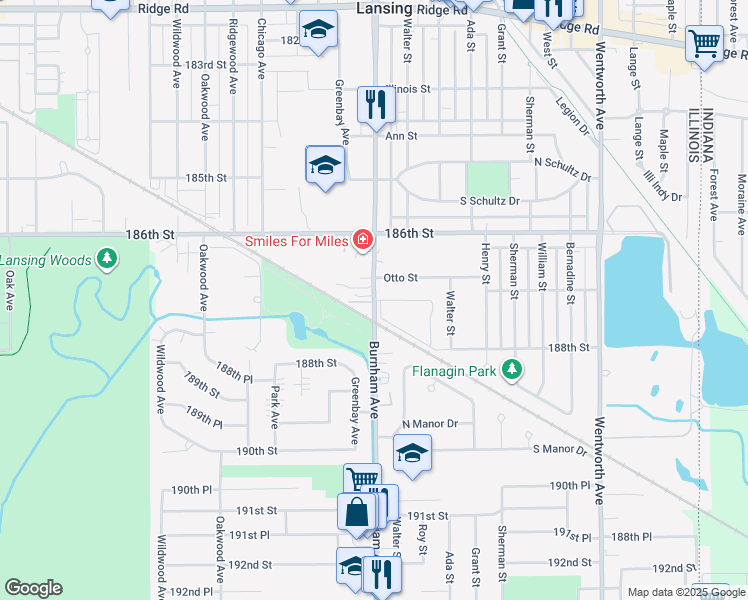 map of restaurants, bars, coffee shops, grocery stores, and more near 18745 Burnham Avenue in Lansing