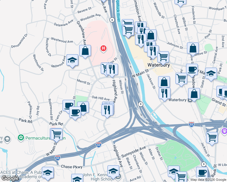 map of restaurants, bars, coffee shops, grocery stores, and more near 50 Highland Avenue in Waterbury