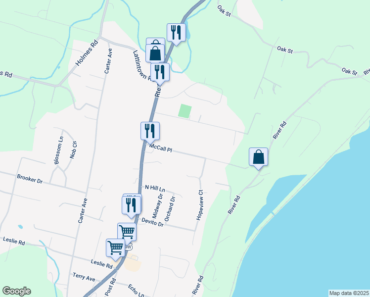 map of restaurants, bars, coffee shops, grocery stores, and more near 25 McCall Place in Newburgh