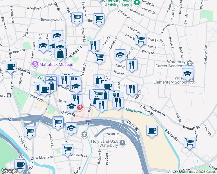 map of restaurants, bars, coffee shops, grocery stores, and more near 59 Walnut Street in Waterbury