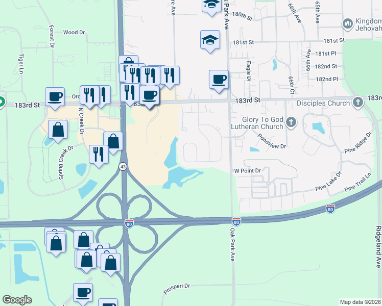 map of restaurants, bars, coffee shops, grocery stores, and more near 6972 Bellagio Circle in Tinley Park