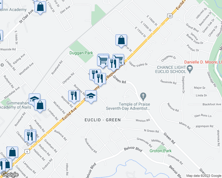 map of restaurants, bars, coffee shops, grocery stores, and more near 18220 Euclid Avenue in Cleveland