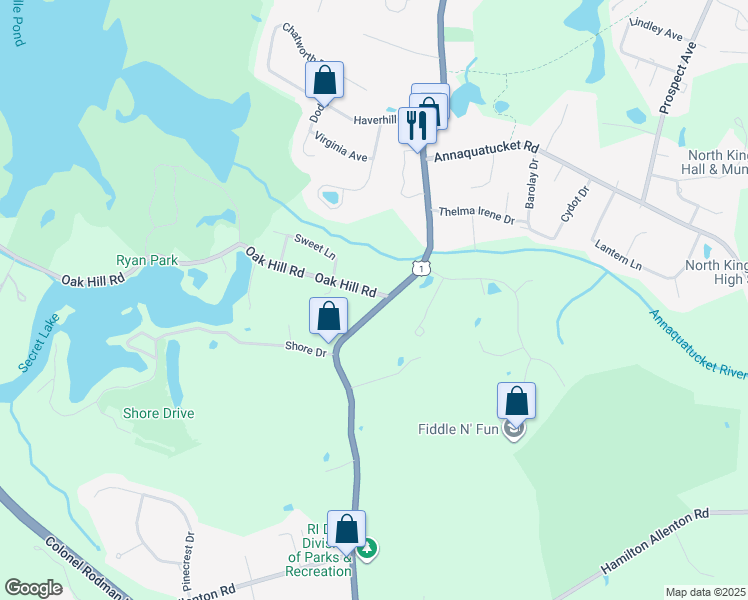 map of restaurants, bars, coffee shops, grocery stores, and more near 31 Oak Hill Road in North Kingstown
