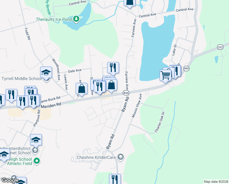 map of restaurants, bars, coffee shops, grocery stores, and more near 12 Chesterfield Avenue in Wolcott