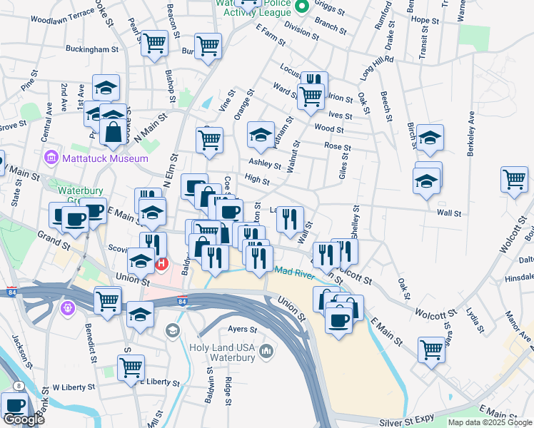 map of restaurants, bars, coffee shops, grocery stores, and more near in Waterbury