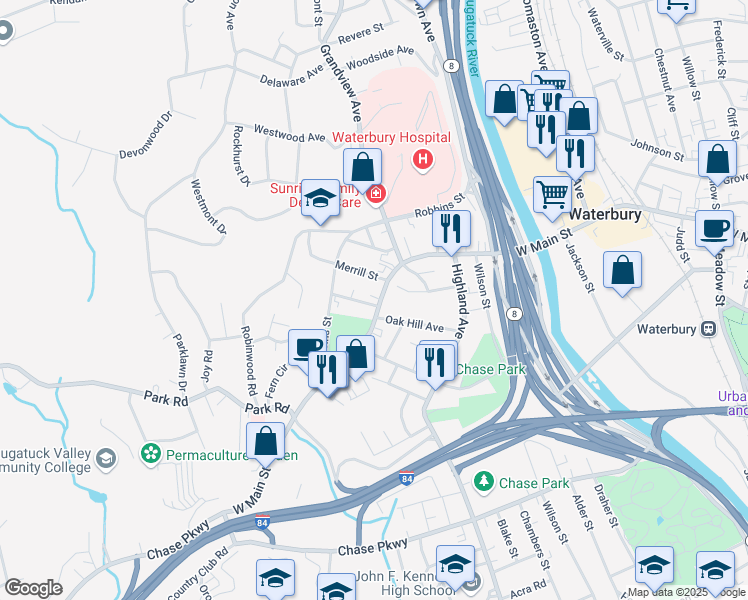 map of restaurants, bars, coffee shops, grocery stores, and more near 25 Merrill Street in Waterbury