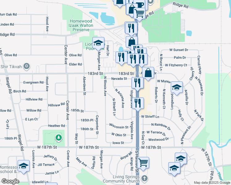 map of restaurants, bars, coffee shops, grocery stores, and more near 1109 West Indiana Street in Glenwood