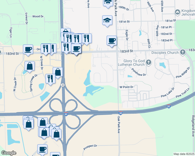 map of restaurants, bars, coffee shops, grocery stores, and more near 6972 Bellagio Circle in Tinley Park