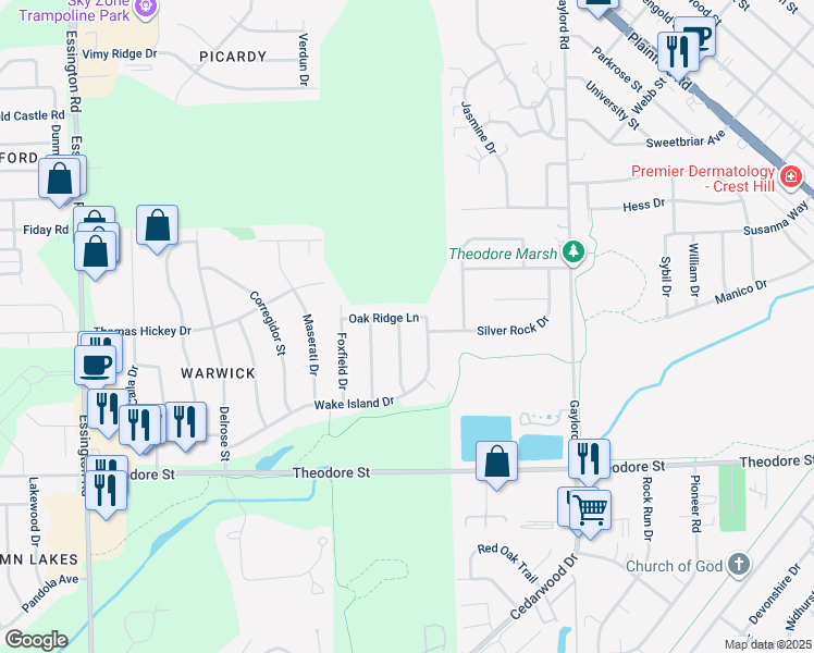 map of restaurants, bars, coffee shops, grocery stores, and more near 2617 Oak Ridge Lane in Joliet
