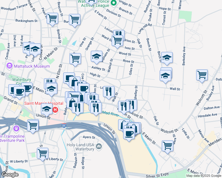 map of restaurants, bars, coffee shops, grocery stores, and more near 61 Laurel Street in Waterbury