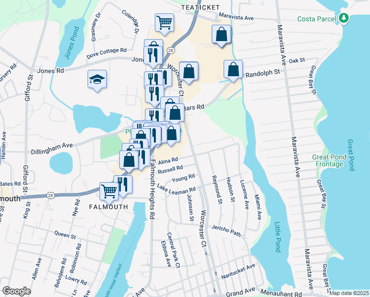 map of restaurants, bars, coffee shops, grocery stores, and more near 150 Worcester Court in Falmouth
