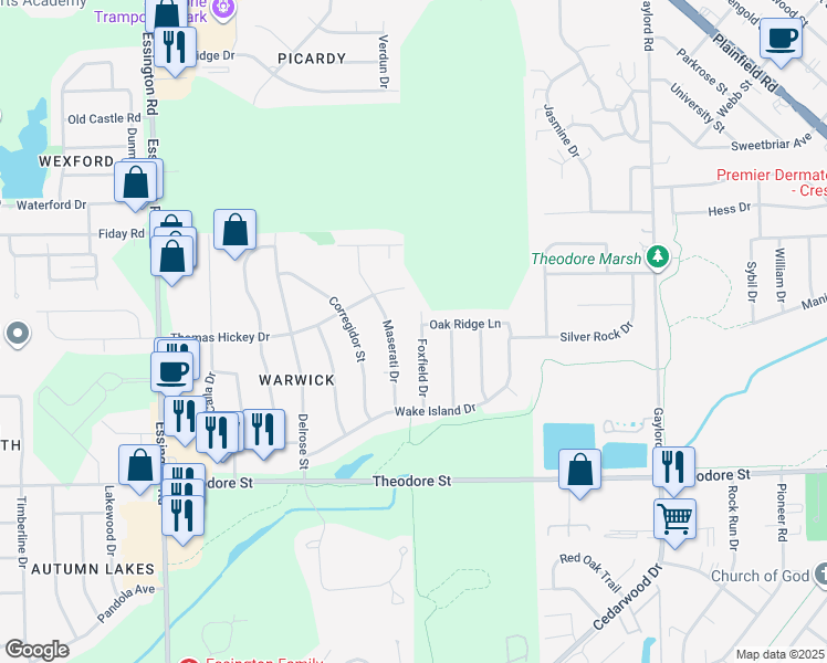 map of restaurants, bars, coffee shops, grocery stores, and more near 1811 Foxfield Drive in Joliet