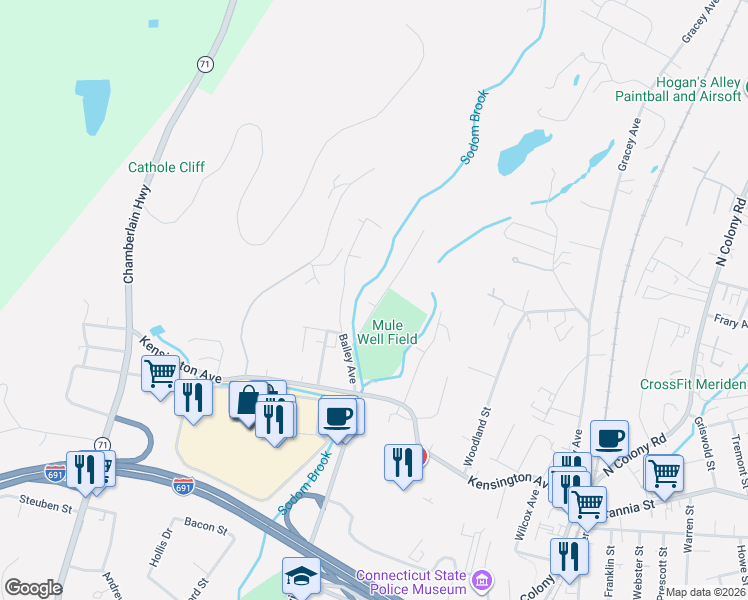 map of restaurants, bars, coffee shops, grocery stores, and more near 82 Leonard Street in Meriden