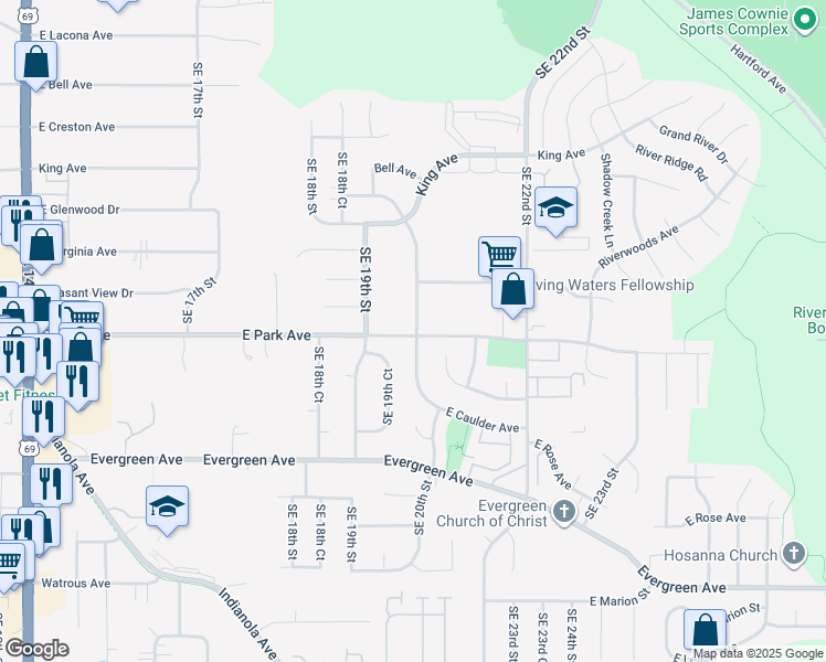 map of restaurants, bars, coffee shops, grocery stores, and more near 3120 Southeast 20th Street in Des Moines