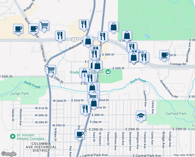 map of restaurants, bars, coffee shops, grocery stores, and more near North Brady Street in Davenport