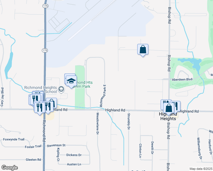 map of restaurants, bars, coffee shops, grocery stores, and more near 5323 Highland Road in Highland Heights