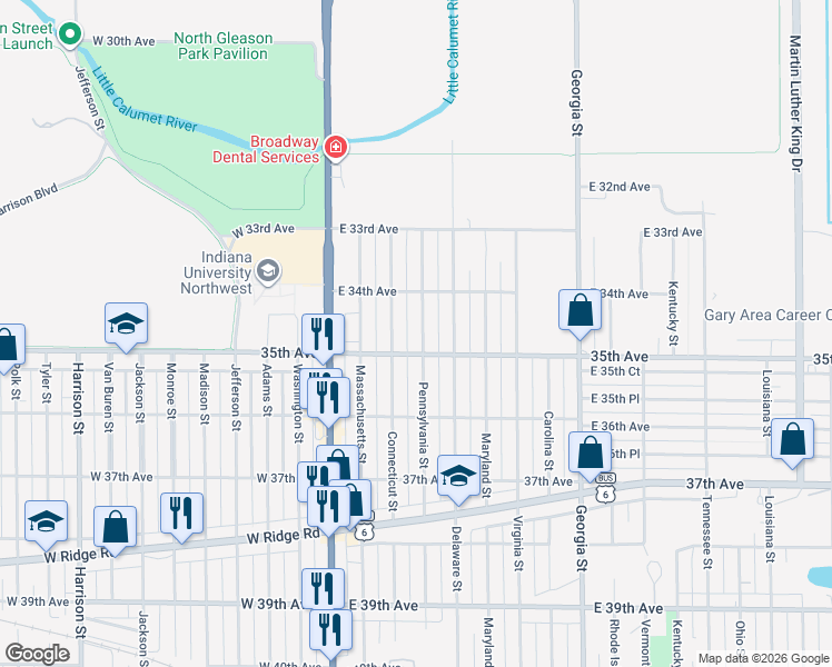 map of restaurants, bars, coffee shops, grocery stores, and more near 3428 Pennsylvania Street in Gary