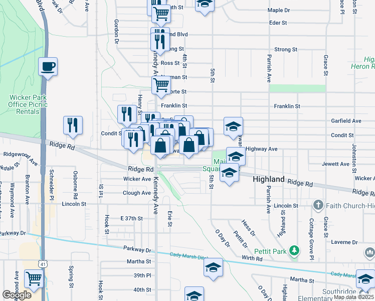 map of restaurants, bars, coffee shops, grocery stores, and more near 8638 4th Street in Highland