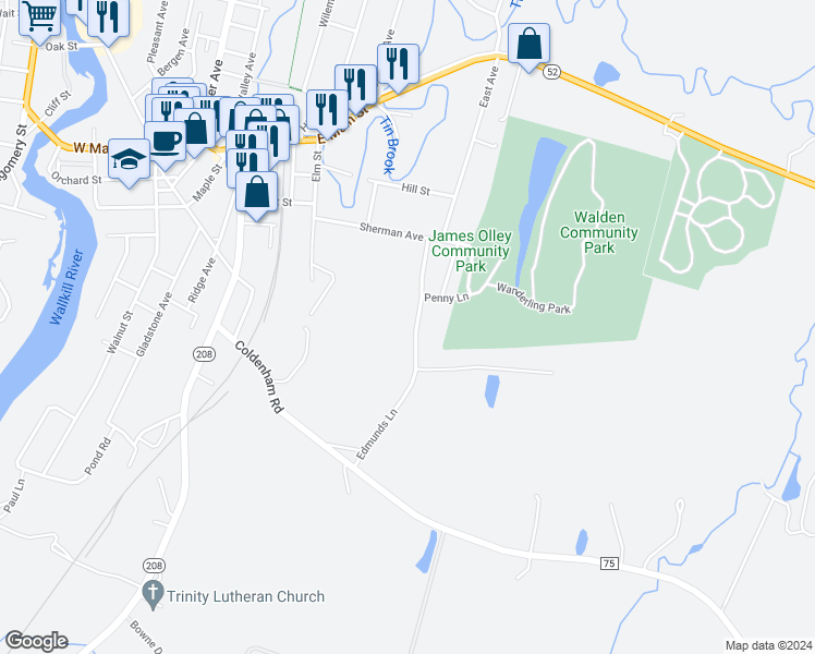 map of restaurants, bars, coffee shops, grocery stores, and more near 12 Edmunds Lane in Walden