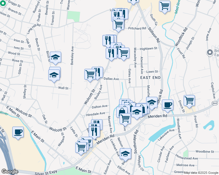 map of restaurants, bars, coffee shops, grocery stores, and more near 290 Monroe Avenue in Waterbury