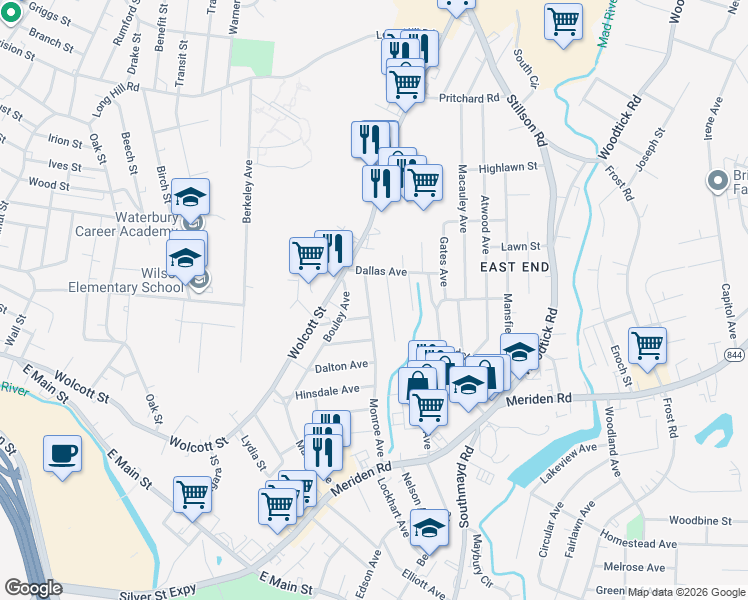 map of restaurants, bars, coffee shops, grocery stores, and more near 290 Monroe Avenue in Waterbury