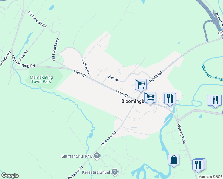 map of restaurants, bars, coffee shops, grocery stores, and more near 114 Main Street in Bloomingburg