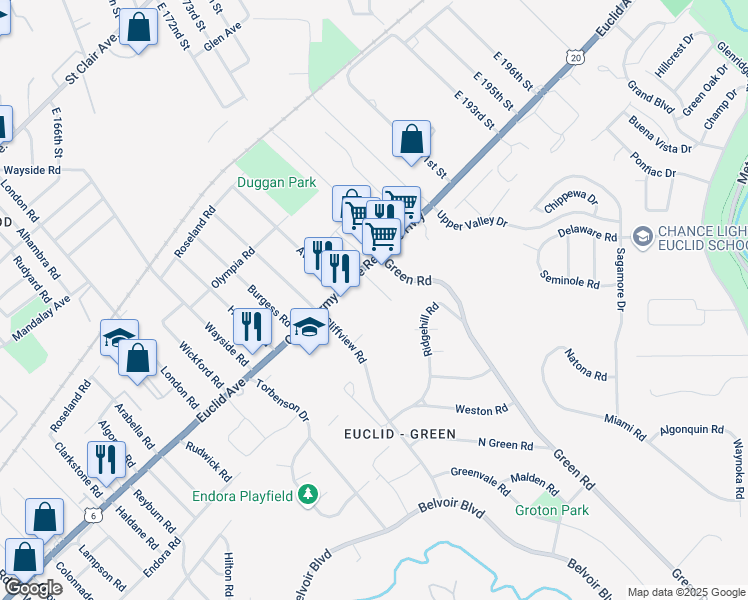 map of restaurants, bars, coffee shops, grocery stores, and more near 18220 Euclid Avenue in Cleveland