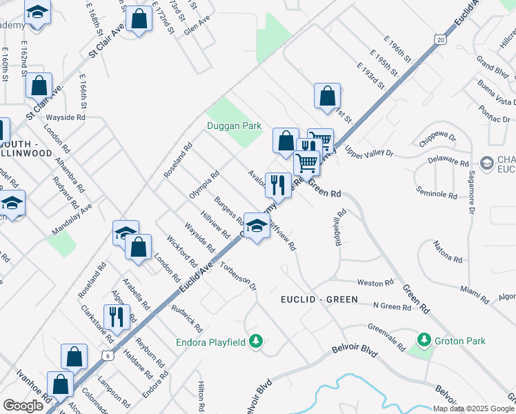 map of restaurants, bars, coffee shops, grocery stores, and more near 1765 Cliffview Road in Cleveland