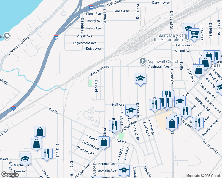 map of restaurants, bars, coffee shops, grocery stores, and more near 875 East 140th Street in Cleveland