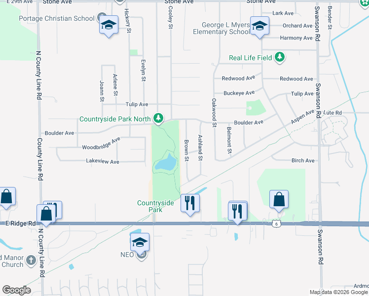 map of restaurants, bars, coffee shops, grocery stores, and more near 3305 Brown Street in Portage