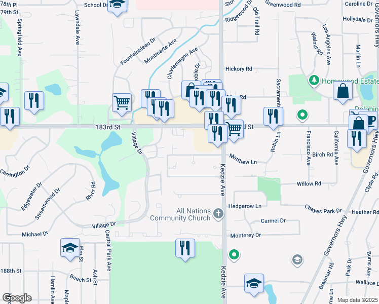 map of restaurants, bars, coffee shops, grocery stores, and more near 3334 West 184th Street in Homewood