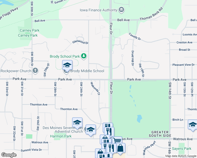 map of restaurants, bars, coffee shops, grocery stores, and more near 2201 Park Avenue in Des Moines