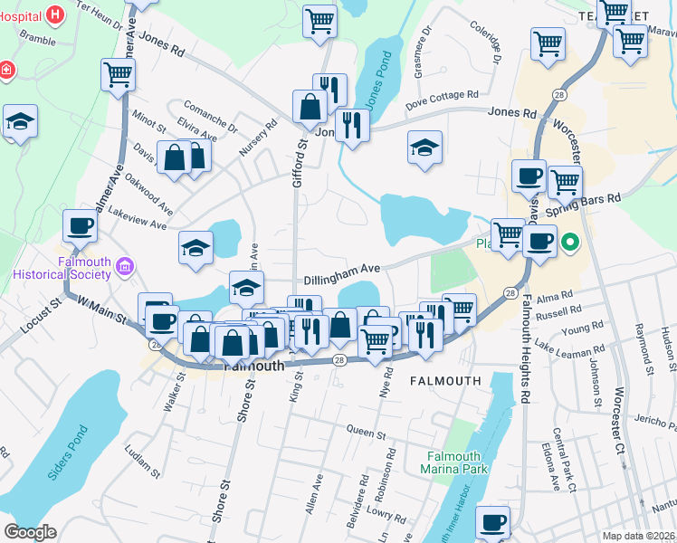 map of restaurants, bars, coffee shops, grocery stores, and more near 100 Dillingham Avenue in Falmouth