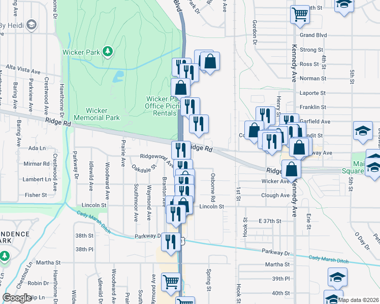 map of restaurants, bars, coffee shops, grocery stores, and more near 2418 Ridge Rd in Highland