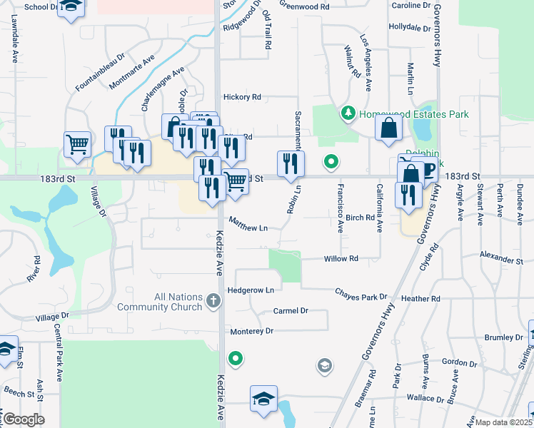 map of restaurants, bars, coffee shops, grocery stores, and more near 18320 Robin Lane in Homewood